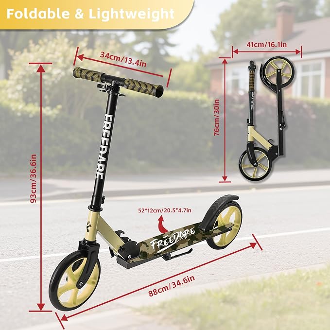 FREEDARE Kick Scooter for Kids & Adults Ages 8+, Foldable Teen Scooter with 2 Big 8-inch Wheels and 4-Level Adjustable Handlebar, Max Load 220 LBS