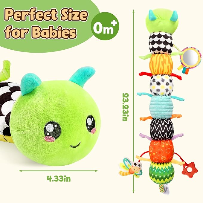 Baby Toys 0-6 6-12 Months, Caterpillar Musical Stuffed Animals Toys with Rattles Crinkle Mirror, Newborn Infant Tummy Time Toys 0-3 Months, Baby Sensory Toys for Boys Grils Shower Gifts