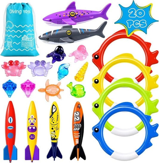 20Pcs Summer Pool Diving Swimming Toys for Kids Ages 3-12, Fun Swim Games Sinking Set, Underwater Dive Gifts with Storage Bag Include Torpedo Gems Shark Rings Sea Animals for Boys Girls Toddlers
