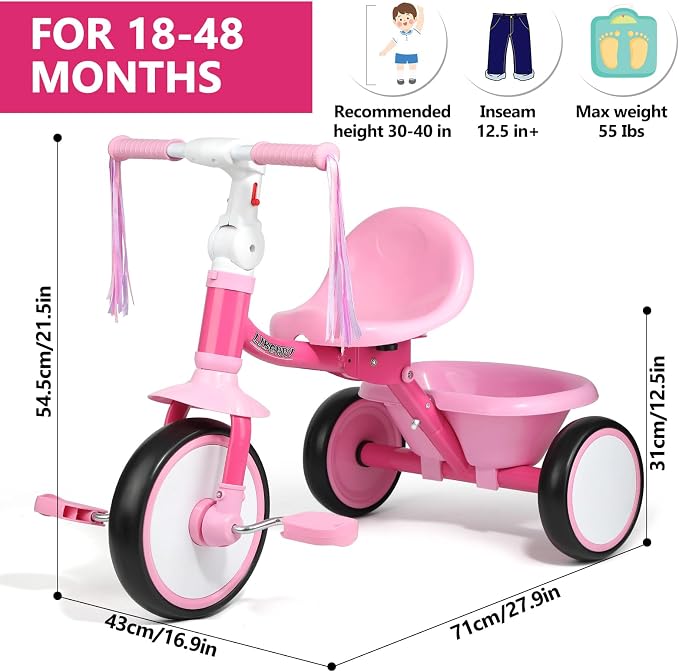 Liberry Foldable Toddler Tricycle Age 2 3 4 Years Old, Kids Trike with Adjustable Seat, Basket & Streamers, 3 Wheel Bike Riding Toy Birthday Gift for Girls Boys, Pink