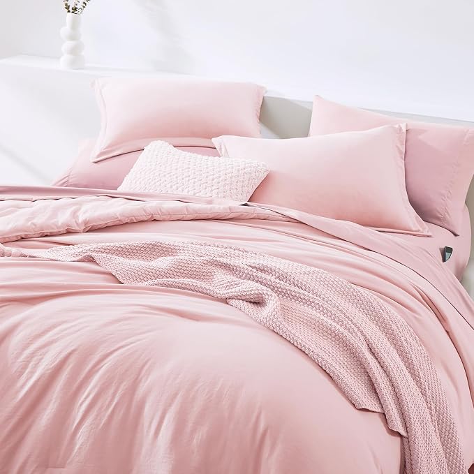 WRENSONGE Full Size Comforter Set- 7 Pieces Soft Pink Bed in a Bag Full Size Comforter with Fitted Sheet, Flat Sheet, 2 Pillow Shams, 2 Pillowcases, Warm Bedding Sets for All Season