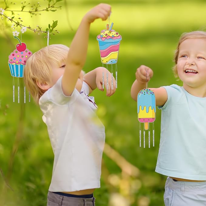 Silipull 24 Sets Summer Wind Chimes Craft for Kids Color Your Own Ice Cream Windchime DIY Unfinished Wood Hanging Ornaments Coloring Wind Chime for Kids Gifts School Home and Party Supplies