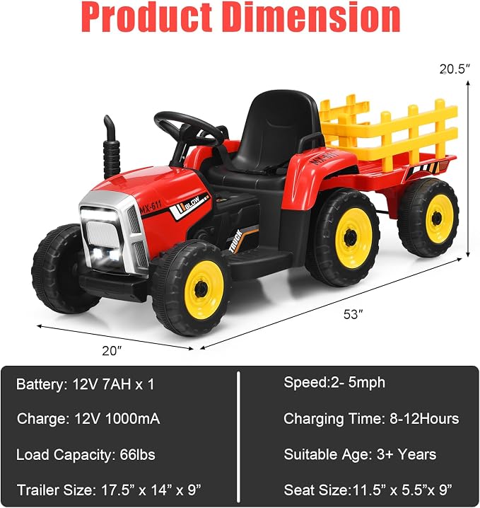 Costzon Ride on Tractor with Detachable Trailer, Kids' Electric Vehicles w/3-Gear-Shift Ground Loader, Wireless Design & USB, 7 LED Headlights, Remote Control Tractor Toy for Kids 3+ (12V, Red)