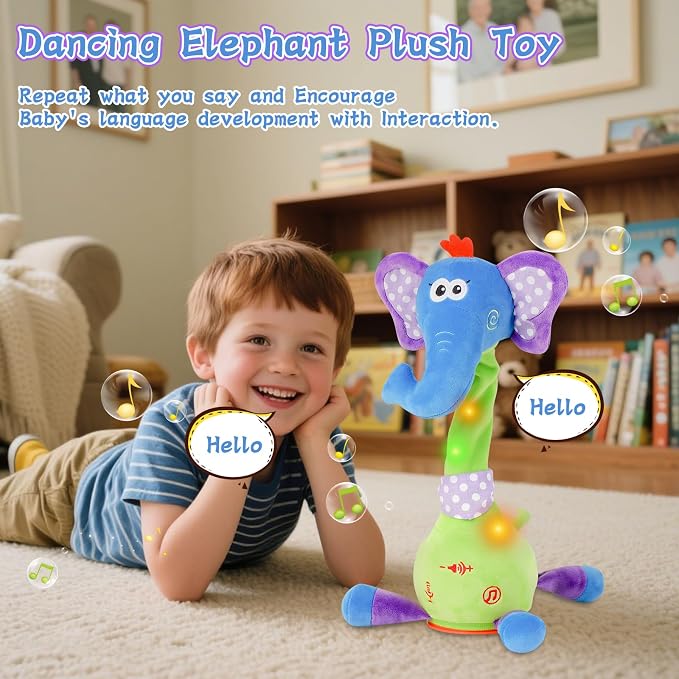 LUKETURE Dancing Talking Elephant Plush, Interactive Stuffed Animal Toy, Musical Plush with Record & Repeat, Sings 10 Songs, LED Lights