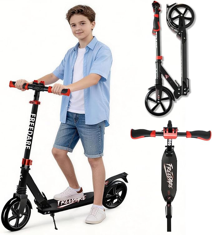 FREEDARE Kick Scooter for Kids & Adults Ages 8+, Foldable Teen Scooter with 2 Big 8-inch Wheels and 4-Level Adjustable Handlebar, Max Load 220 LBS