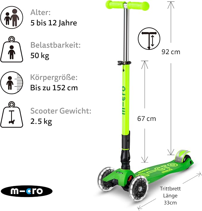 Micro Kickboard | Maxi Foldable LED Kids Scooter for Ages 5-12 | Children up to 110 lbs | 3 Wheel Lean-to-Steer Design | Adjustable T Bar | Smooth Ride, Motion Activated PU LED Wheels | Swiss Design