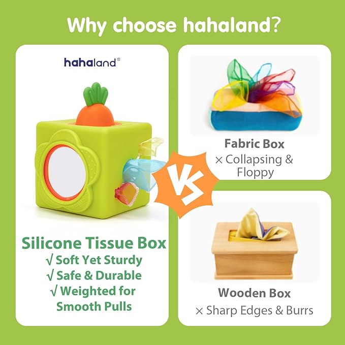 hahaland Silicone Baby Tissue Box Toy - Baby Toys 6-12 Months Montessori Toys for 6 Month Old Babies, 6-in-1 Soft Busy Activity Cube with Scarves, Crinkle, Textures, Mirror, Sensory Popper 9 Month Old
