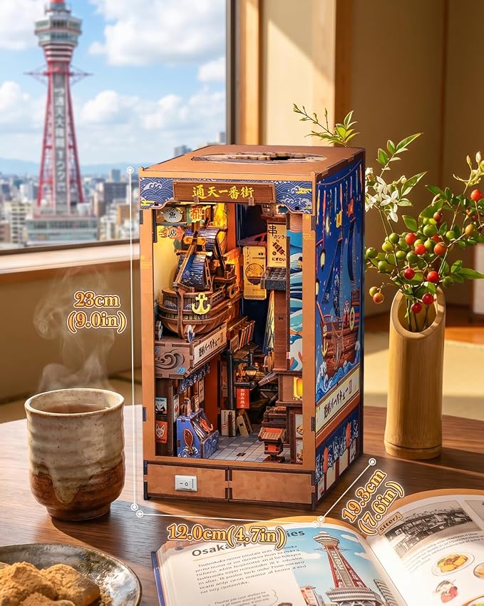 CUTEBEE Book Nook Kit - Japanese Foldable DIY Miniature Dollhouse, Warm LED Bookshelf Alley Decor Model, Building Kit Gifts for Adults Teens Family Friends (Tsutenkaku Ichiban Street)