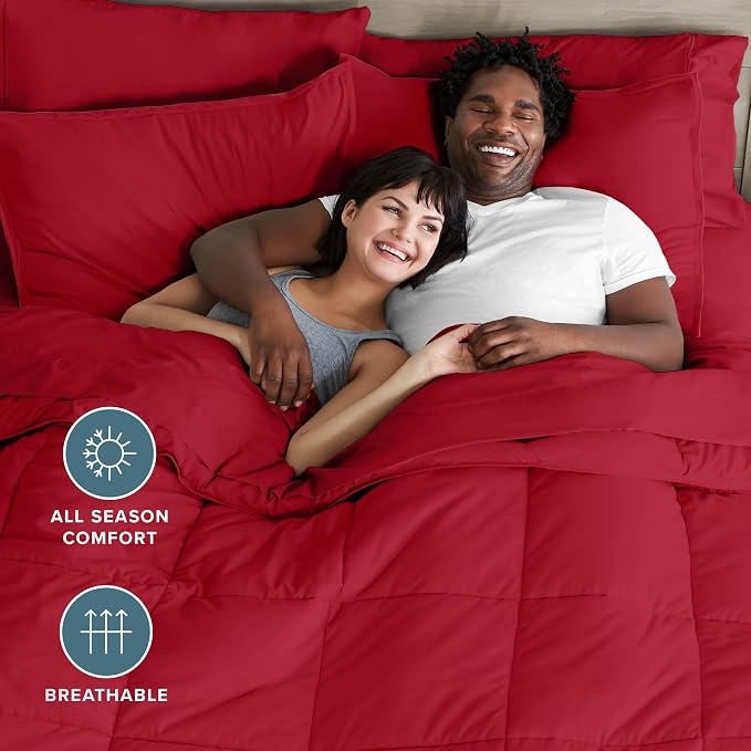 Bare Home Bed-in-A-Bag 7 Piece Comforter & Sheet Set - Full - Goose Down Alternative - Ultra-Soft 1800 Premium - Bedding Set (Full, Red/Red)