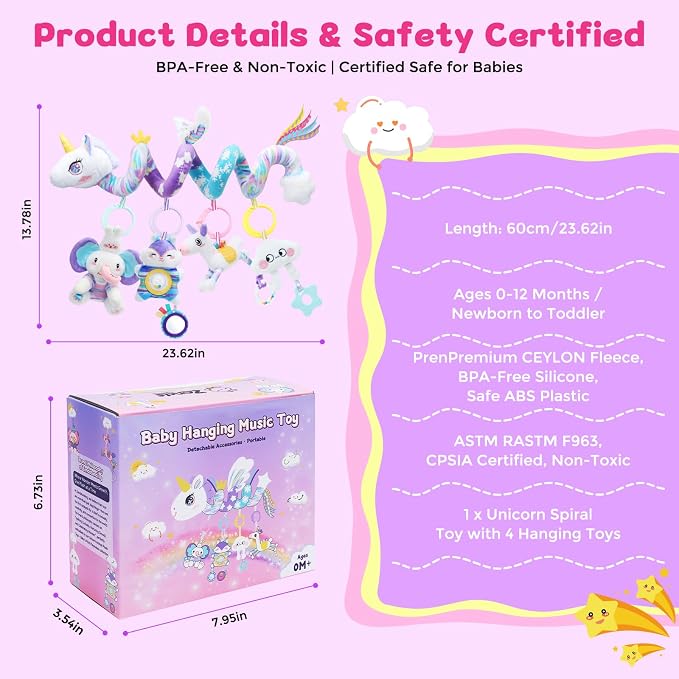 Car Seat Toys for Babies 0-6 Months, Unicorn Carseat Toys Hanging Baby Car Seat Toys, Stroller Toys with Music Rattle, Sensory Hanging Toys for Newborn Infant Crib