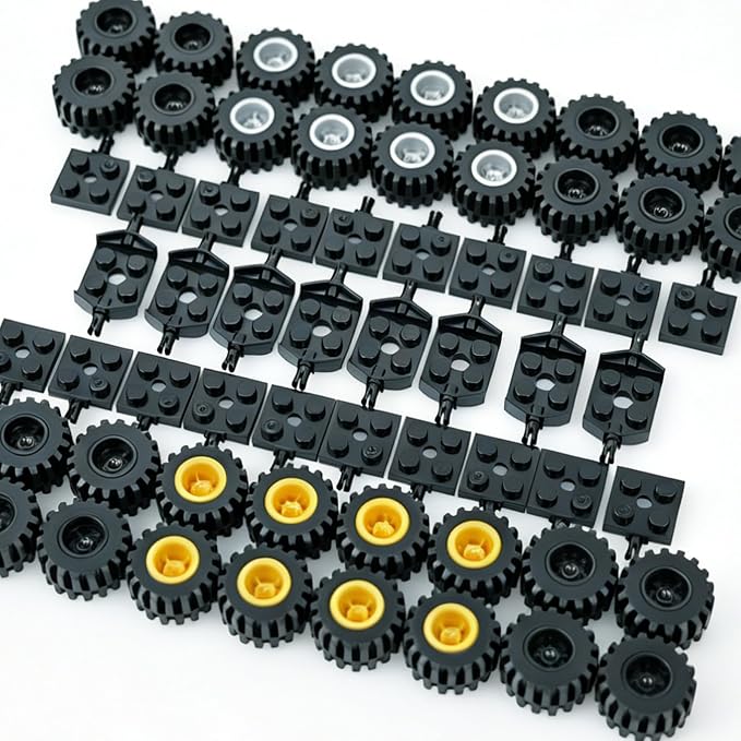 Pamvava Wheels and Axles Building Sets, 100 Pieces Vehicle Truck Tires Car Parts Accessories,Compatible with Major Brands Bulk Bricks, Construction Toys (Gold & Silver Hubs)