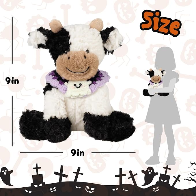 Hopearl Adorable Halloween Plush Cow Toy with Knitted Cute Ghost Bib Floppy Kawaii Dairy Cattle Soft Stuffed Animal Gifts for Boys Girls Kids Toddlers, 9''