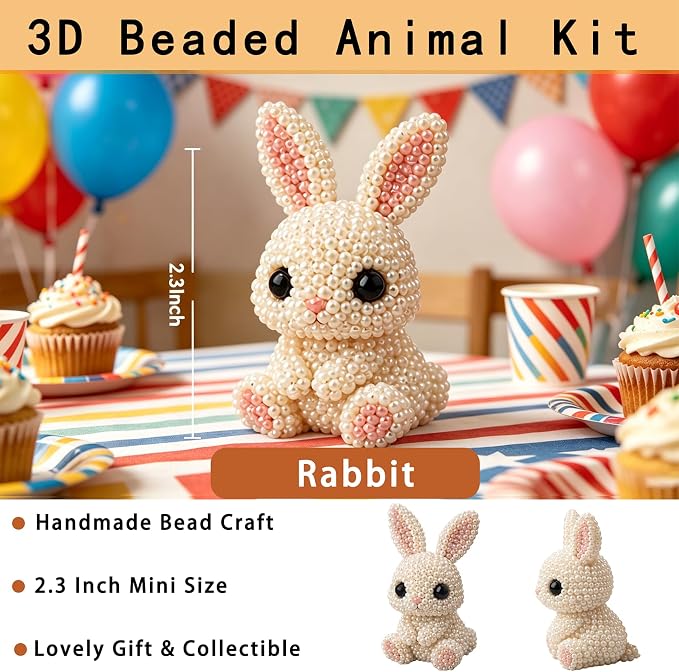 CJNEJGT Kid Friendly 3D Beaded Animal DIY Kit, Stress Relief Leisure DIY Bead Toy Set, Beginner Bead Embroidery Craft Gift with Step-by-Step Instructions (Rabbit)