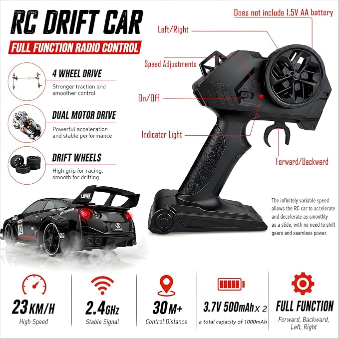 HTURCCOP 1:24 RC Drift 2.4GHz with LED Light Race Car Toys for Boys and Girls Aged 6+ Speed Adjustable up to 23Km/H, High-Speed RC Racing Cars Toy Gift for Boys & Girls (Black)