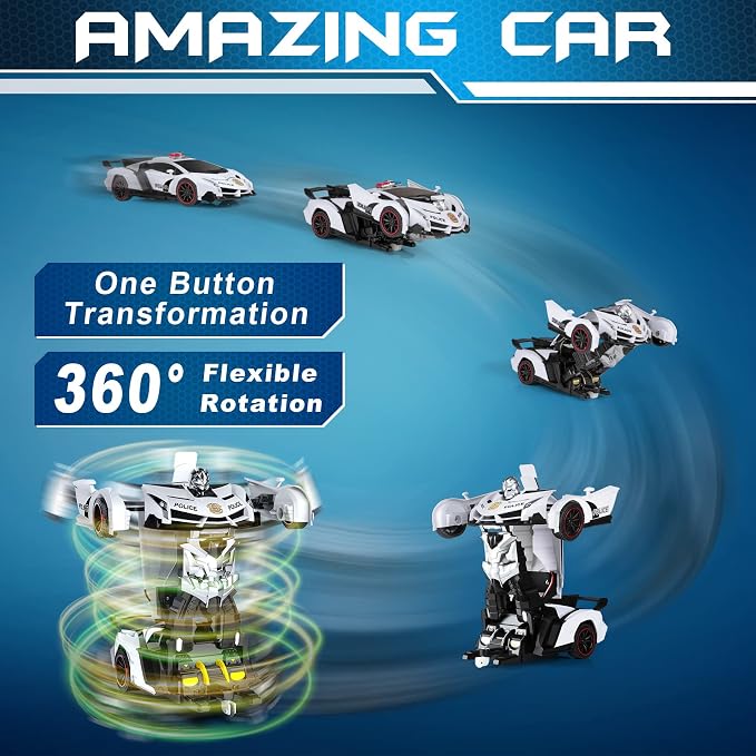 FDJ Remote Control Car - Transform Toys Car Robot, One Button Deformation to Robot with Flashing Light, 2.4Ghz 1:18 Scale Transforming Police Car Kids Toys with 360 Degree Rotating, Girls Boys Toys