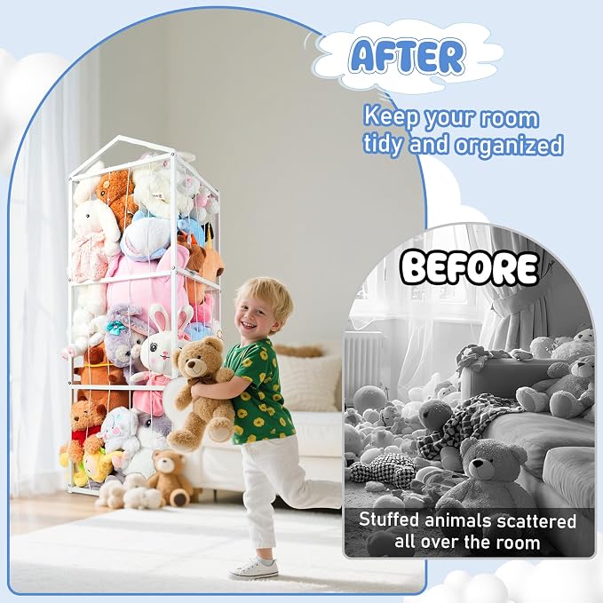 NomNest Stuffed Animal Storage Zoo, Large Metal Plushies Organizer, Heavy Duty Metal Teddy Bear Toy Holder for Kids' Bedroom & Playroom & Nursery (Non-Wheeled, White)
