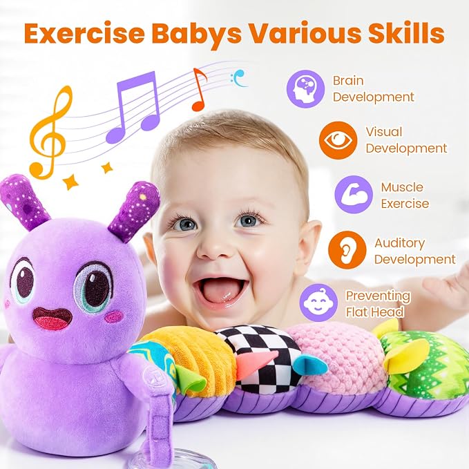 GoGonova Musical Caterpillar Baby Sensory Toy for Infant Development 0-12 Months – Tummy Time Crawler & Teether – Newborn Bath, Car Seat, Stroller & Bassinet Activity Toy & Gift(Purple)