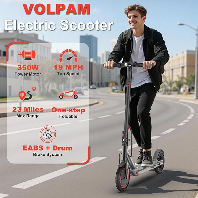 VOLPAM Electric Scooter, 350W/500W/800W/1000W/250W Powerful Motor & 19/22/ 9 MPH Top Speed, 16-28-10 Miles Long Range, Folding E Scooter Choice