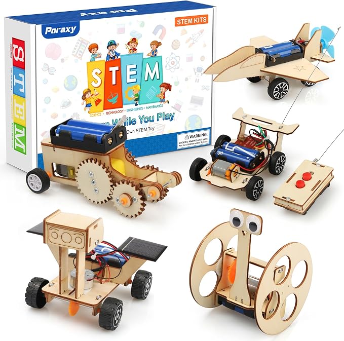 Poraxy STEM Model Car Kits, Toys for Boys Age 8-12, 5 in 1 Kids Wood Building Kit 8-10, 3D Wooden Puzzles, Educational Science Crafts Kits, Birthday Gifts for 8 9 10 11 12 13 14 Years Old Boys