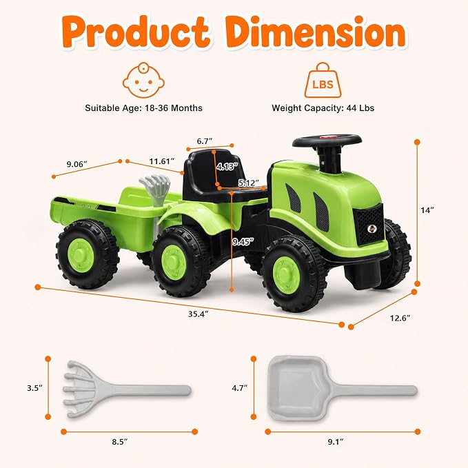 Kids Ride on Tractor, 2 in 1 Foot to Floor Push Car w/Detachable Trailer, Horn, Rake & Shovel, No Power Sliding Toy Gift for Toddlers, Outdoor Ride on Construction Vehicle (Green)