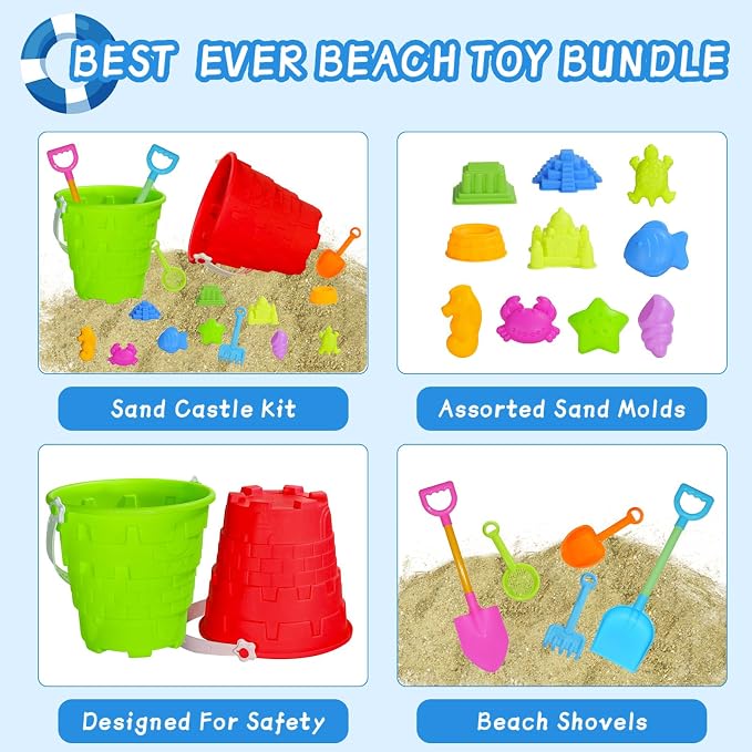 17 Pcs Beach Toy Set for Kids - Includes Bucket, Molds, Shovel, Rake, Sifter & Castle Toys - Sand Bucket and Shovel for Boys and Girls