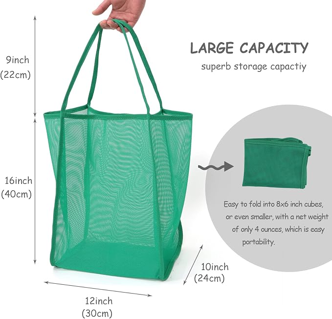 Mesh Beach Tote Bag for Sand Toys Kids Women Foldable Lightweight Durable Outdoor Shopping Travel Swim