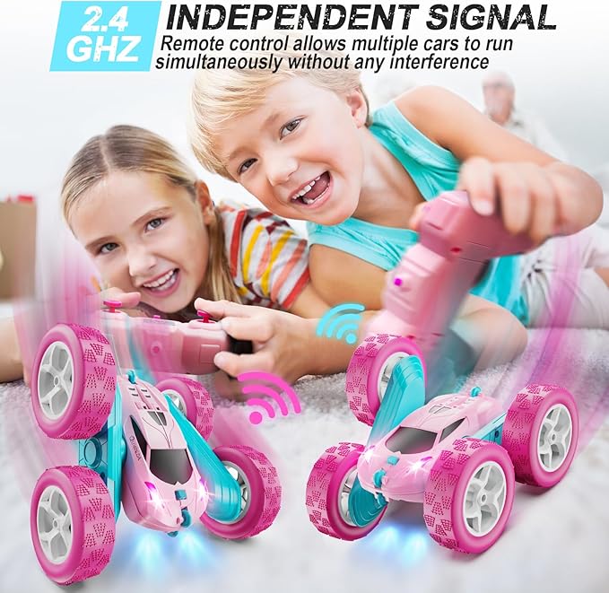 QUNREDA RC Cars, Pink Remote Control Car for Girls, 2.4 GHZ Double Sided RC Stunt Car 360° Rotating Remote Control Crawler with Headlights Car Toys for 6 7 8 9 10 11 12 Girls Birthday Gift Grandkids