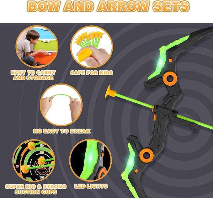 Kmuxilal Kids Bow and Arrow Set with LED Flash Lights, 10 Suction Cup Arrows, Quiver and Fluorescence Standing Target-Perfect Indoor and Outdoor Archery Set Toy Gift for Boys and Girls Ages 4-12