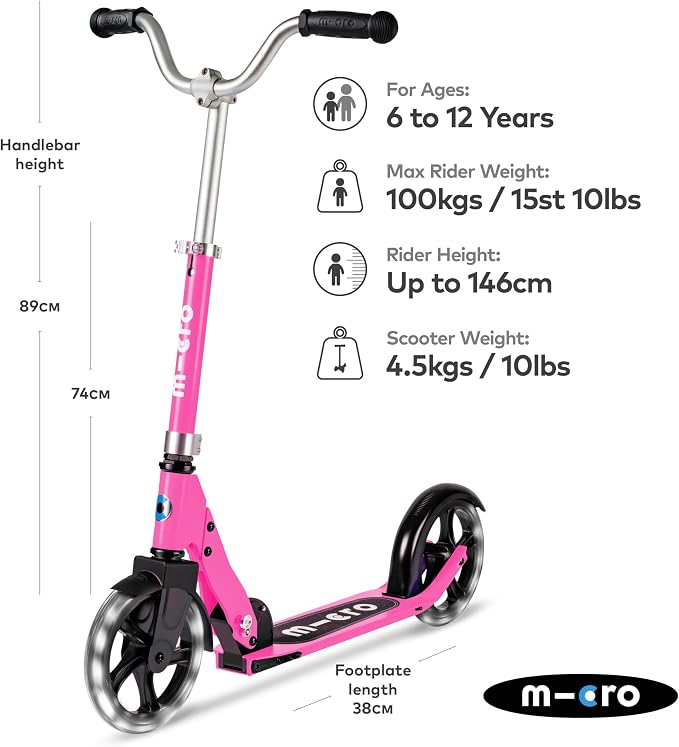 Micro Kickboard | Cruiser LED Kids Scooter for Ages 6–12 | 2 Wheel | Foldable with Kickstand | Adjustable Handlebar | Motion-Activated PU LED Wheels | Swiss Design