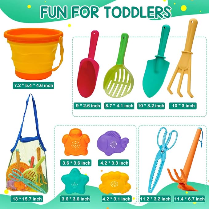 Beach Toy Set for Kids Sand Toys Summer Outdoor Play with Mesh Bag-Includes Collapsible Bucket, Mesh Shovel, Sand Shovel,Scissors Pliers,Rake Mold Kit