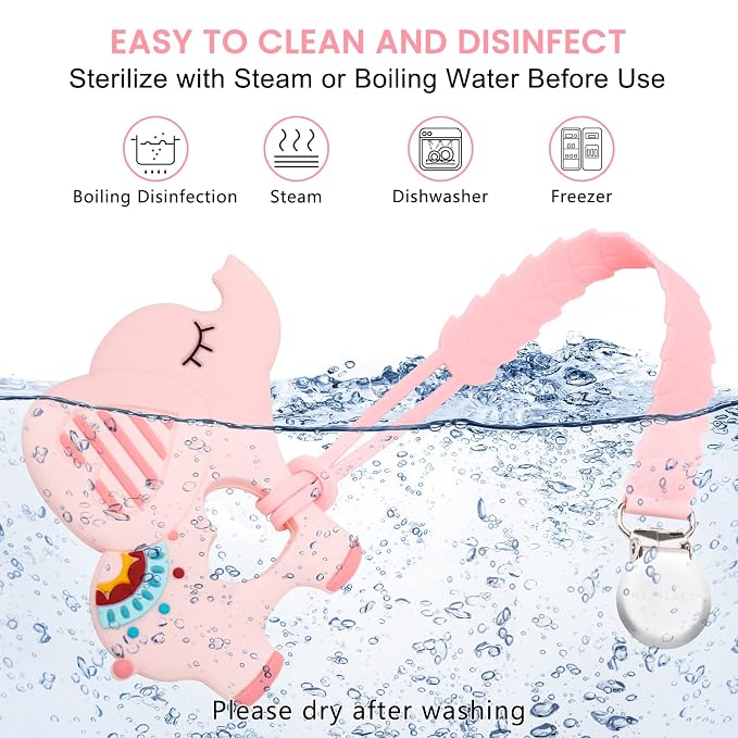 MISSLILI Teething Toys for Babies 0-6 6-12 Months Baby Teethers with Clip Silicone Baby Teether Toys for Boys and Girls Infant Teething Relief for Teething Elephant Shape, Pink