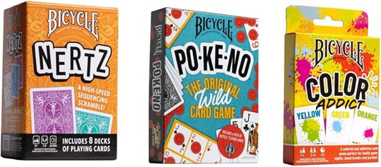 Bicycle Games Bundle - Nertz, Pokeno, Color Addict - 3 Fast-Paced Family Game Night Playing Card Games for Kids and Adults