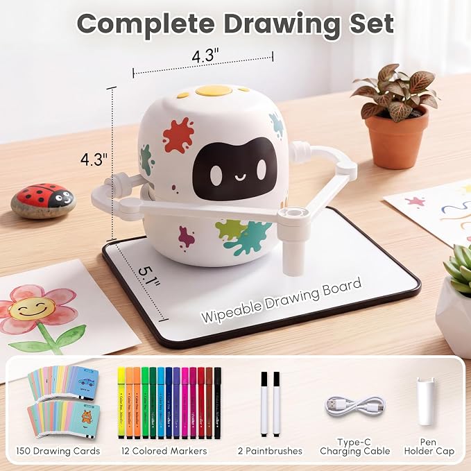 Mewaii Drawing Robot for Kids with 150 Cards & Erasable Board, Educational Drawing Machine with Voice Guidance Music 12 ColorPens Montessori Painting Learning Toys Birthday Gift for Boys Girls Age 5-8