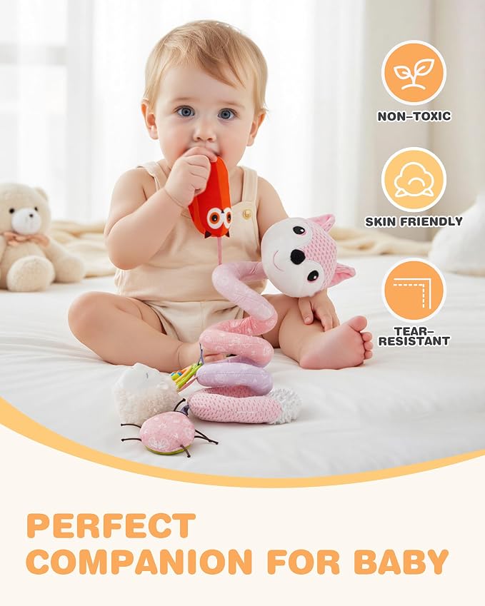 Jollybaby Crib Stroller Car Seat Toys for Baby 0-3-6-9-12 Months, Tummy Time Hanging Sensory Toys for Newborn with Music Box and Teether, Spiral Carseat Toy for Infant Boys Girls Gifts (12-Grey Fox)