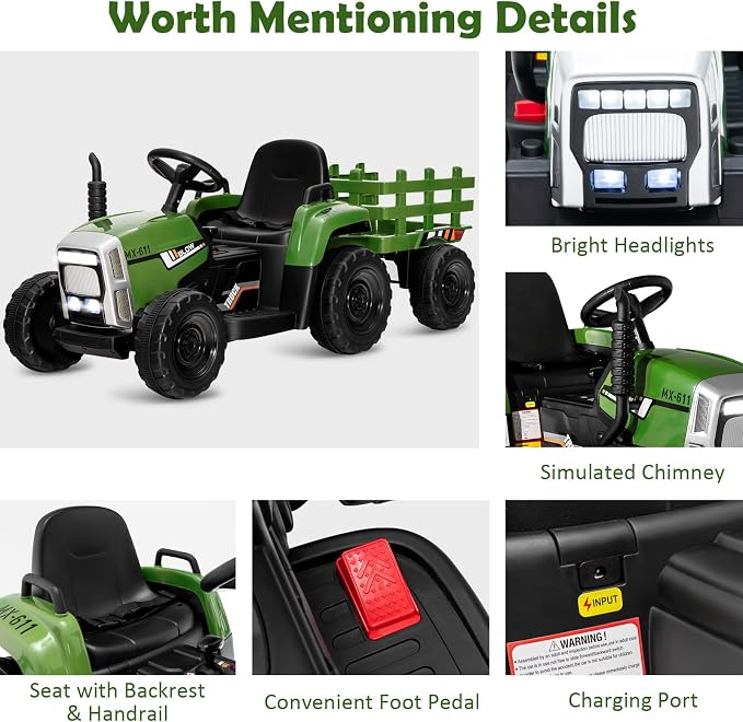 HONEY JOY Ride On Tractor with Trailer, Toddler 3-Gear-Shift Ground Loader, LED Lights, Horn, Music, 12V Battery Powered Electric Toy Tractor with Remote Control(Dark Green)