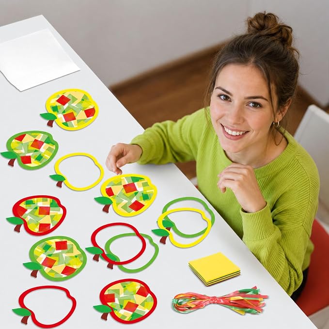 Qyeahkj 36 Set Back to School Apple Suncatchers Crafts for Kids DIY Fall Autumn Window Tissue Paper Craft Kit Hanging Decor for School Home Activity Art Project Birthday Party Favor Gift