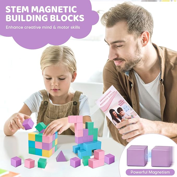 50 PCS Large Magnetic Blocks for Kids - 1.24" Macaron Colors Magnet Building Blocks with Stickers & Marker, Classroom Educational Toys for Toddlers1-3, Ideal Gift for 3-5 Year Old Boys Girls