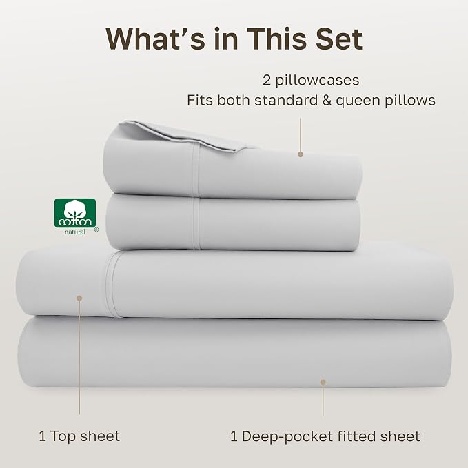 California Design Den Soft Cotton Queen Size Bed Sheets Set, 400 Thread Count Good Housekeeping Award Winner, Silky Smooth Sateen with Deep Pockets, Breathable and Durable Queen Bedding Set - Silver