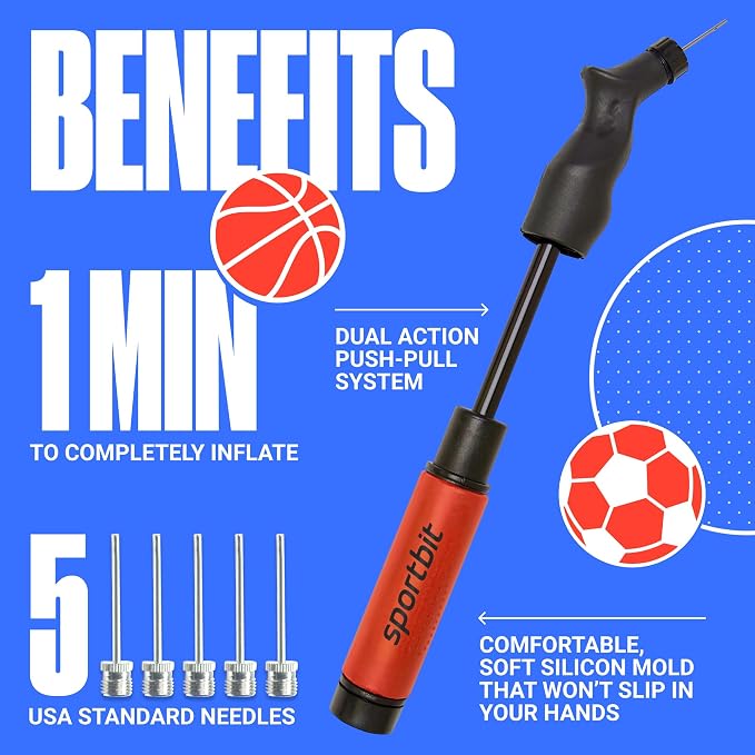 SPORTBIT Ball Pump for Sports Balls - Push & Pull Inflating System - Hand Pump for Exercise Balls - Volleyball Pump, Basketball Inflator, Ball Air Pump - Goes with 5 Needles Set