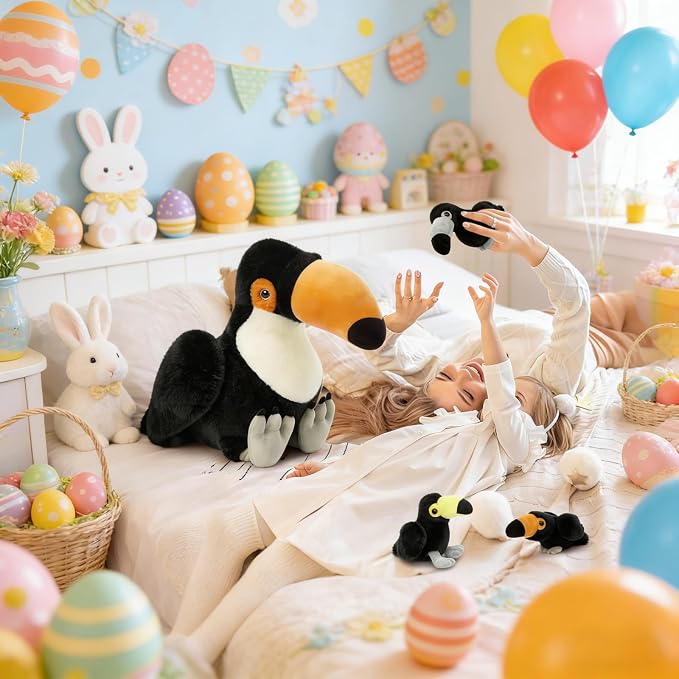MorisMos 24" Giant Toucan Stuffed Animal Mommy with 3 Baby Toucan Toys for Kid Girl Boy, Realistic Black Bird Plush with Baby Bird Toys Gift for Birthday, Tropical Rainforest Stuffed Animals Decor