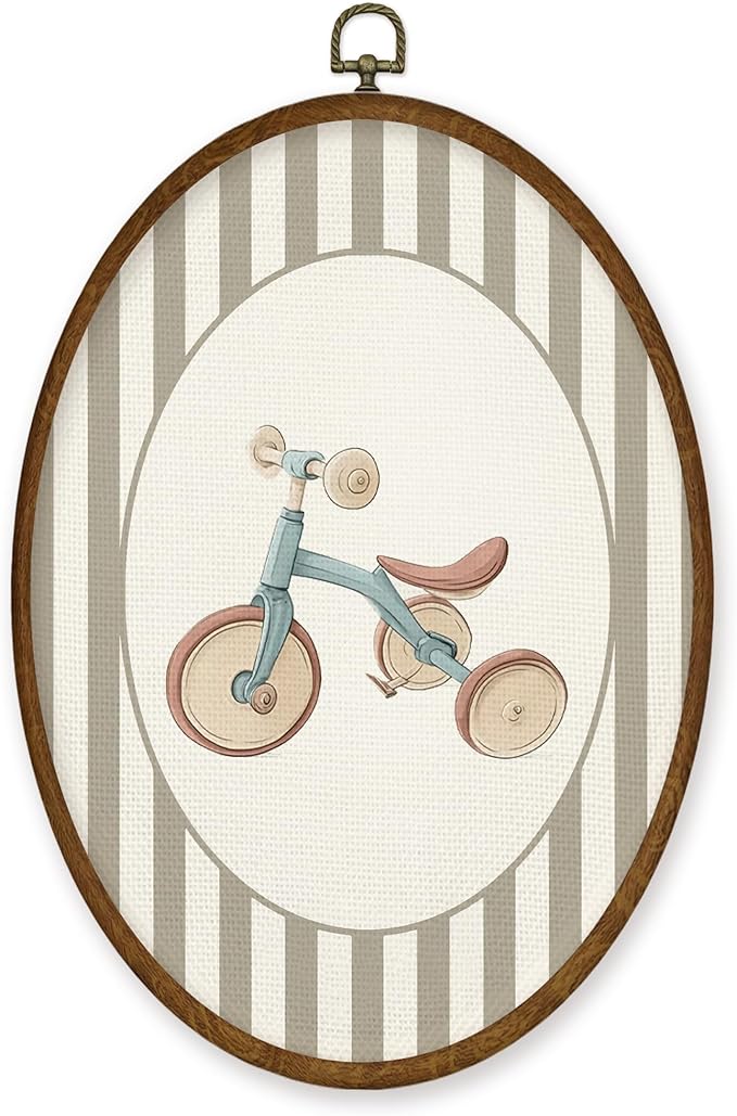 WULQYING Vintage Tricycle Boy Nursery Wall Art Decor, Kids Oval Framed Canvas Art Prints, Neutral Striped Tricycle Wall Hanging Decor for Kids Boy Nursery Room Playroom, 8.5x11.4 Inches