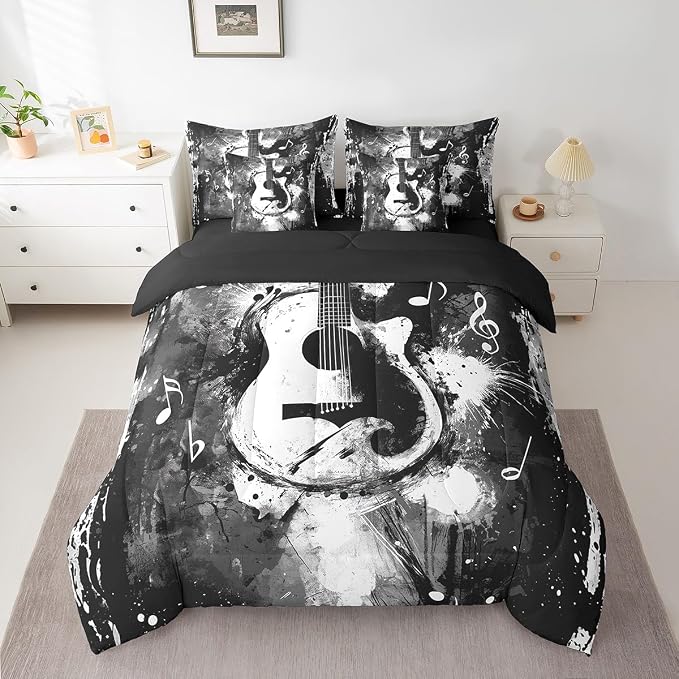Feelyou Guitar Comforter Set with Sheets Twin Size Rock Music Bed in a Bag for Boys Girls Teens Black Gray 7 Pieces Bedding Set Soft Lightweight Microfiber