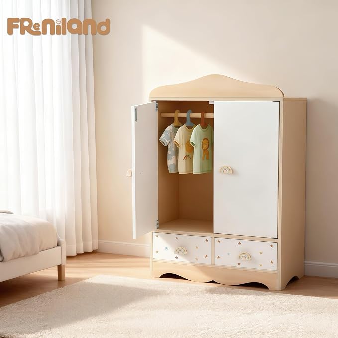 Freniland Wooden Doll Dress-Up Organizer with Doors, 3 Hangers & 2 Drawers, Doll Furniture, Pretend Play Storage Cabinet Gift for Girls Ages 3+