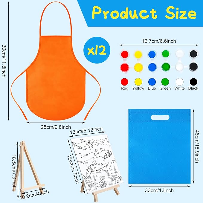 Tenceur 48 Pcs Kids Paint Party Favors Sets with 12 Pcs Animals Oceans Pre Drawn Canvas Panel and Wooden Easel Set Paint Pots and Brushes 12 Mini Apron and Tote Bag for Kids Girls Student Boys