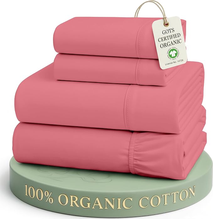 LANE LINEN Queen Sheets 100% Organic Cotton Percale Cooling - Mineral Red | Queen Sheets In Pure Long-Staple Organic Cotton - Breathable For Year-Round Sleep, Best-Value Organic Cotton