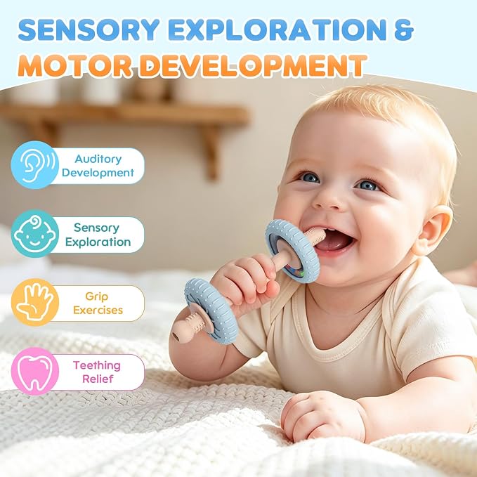Teething Toys with Rattles for Babies 3-6 6-12 Months, Food Grade Silicone Sensory Teether Straws Sticks, Infants Newborn Tubes Chew Toys for Teething Relief and Sucking Needs