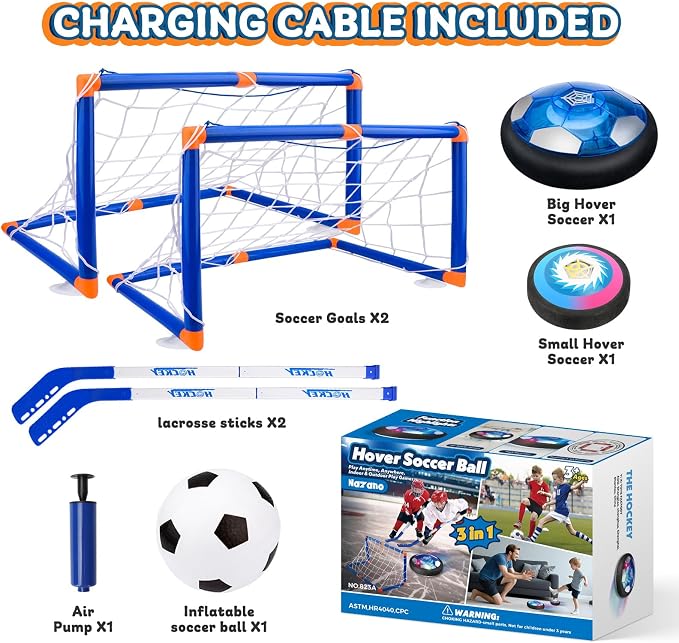 Nazano 3-in-1 Hover Soccer Ball, Kids Toddler Hockey Set with LED Lights,Indoor Outdoor Toys for Kids, Soccer Gift for Boys 6-8 8-12, Birthday,Kids, Boys Girls Age 6, 7, 8, 9, 10, 11, 12