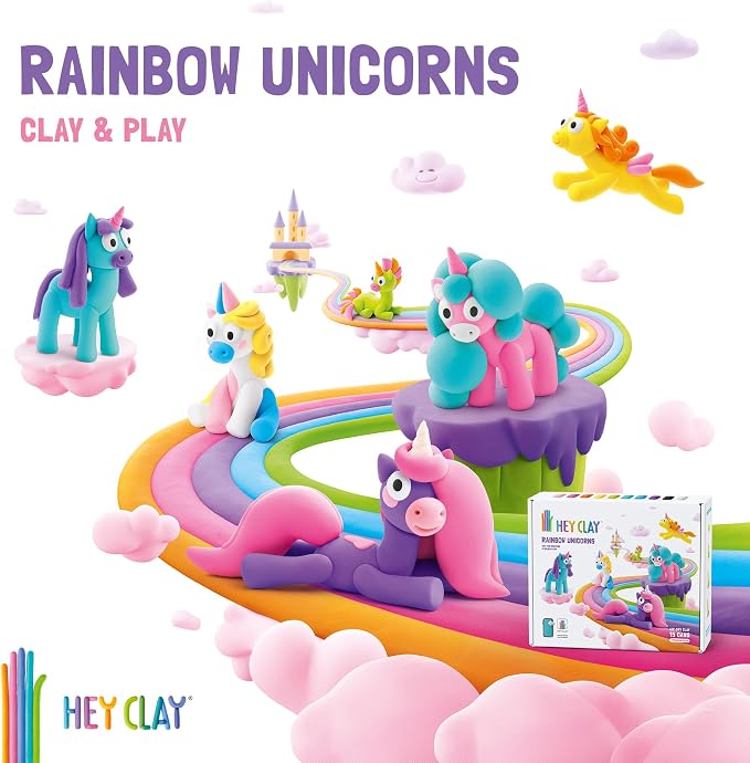 Hey Clay - Modelling Air-Dry Clay with Fun Interactive App - Lighty, Series Rainbow Unicorns, 3 cans