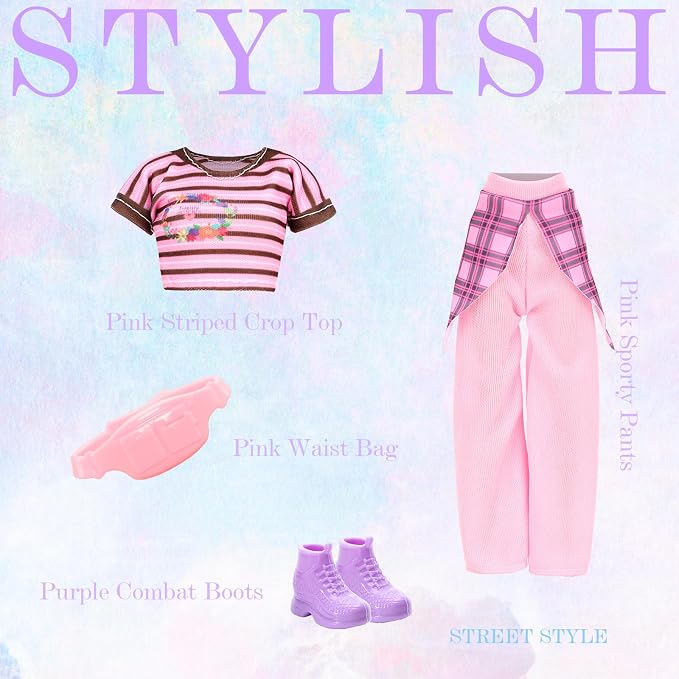15 Pcs Doll Clothes and Accessories for 11.5 Inch Dolls Includes 5 Stylish Doll Outfit, Sport Sweet Set, Dress, Hoodie Fashion Casual Clothing Glasses Stockings Waist Bag Hat High Heels and Flat Shoes