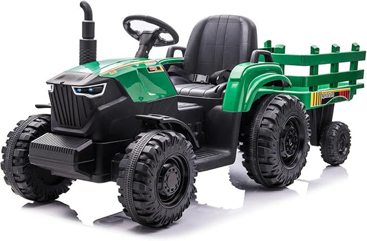 24V Kids Ride-On Tractor with Trailer, 400W Electric Farm Truck with Remote & Pedal Control, Headlights, USB MP3, Power Display, Adjustable Speeds, Safety Belt, Ride-On Toy Gift, Green